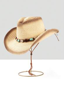 1 pieza Sombrero de sol de paja hueco marrón, gorra de vaquero unisex, adecuado para ocio al aire libre, playa, vacaciones - Sombrero de paja de vaquero occidental - Ver 4