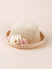 1 pieza Sombrero de sol con borde de bebé niña tejido con flor, sombrero de sol versátil para verano de bebé/niño pequeño