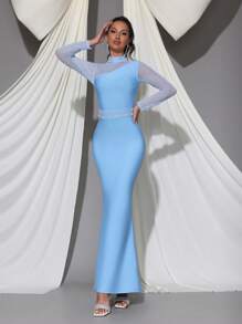 New Sexy Pearl Decor Mesh Patchwork Long Sleeve BodyconLong Bandage Dress, Elegant For Wedding Guest, Party, Birthday, Formal Evening Gown Eid Al Fitr Dress - Baby Blue - View 4
