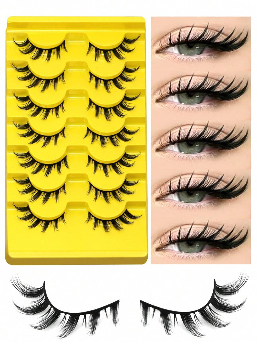 GROINNEYA 7 Pairs Cat Eye False Eyelashes, Natural Look 3D Faux Mink Soft Anime Cosplay Thick Lashes (Y05) - 黑色 - 查看 1