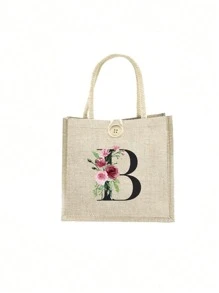 1 pieza Bolso de mano con flor de lino y letra, bolso de gran capacidad sencillo, bolso de almacenamiento casual portátil, bolsa de compras multifuncional, bolsa de regalo personalizada, adecuada para bodas, cumpleaños, playas, festivales, regalos perfectos para mujeres, maestros, amigos, damas de honor, bolsos grandes, estudiantes y vuelta a clases