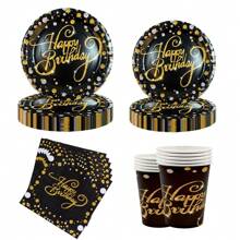 Set de 10 piezas de suministros para fiesta de cumpleaños en negro y dorado, juego de vajilla desechable dorada para fiesta de cumpleaños, platos, vasos, servilletas y mantelería de papel negro y dorado para decoración de fiesta de cumpleaños de hombres y mujeres
