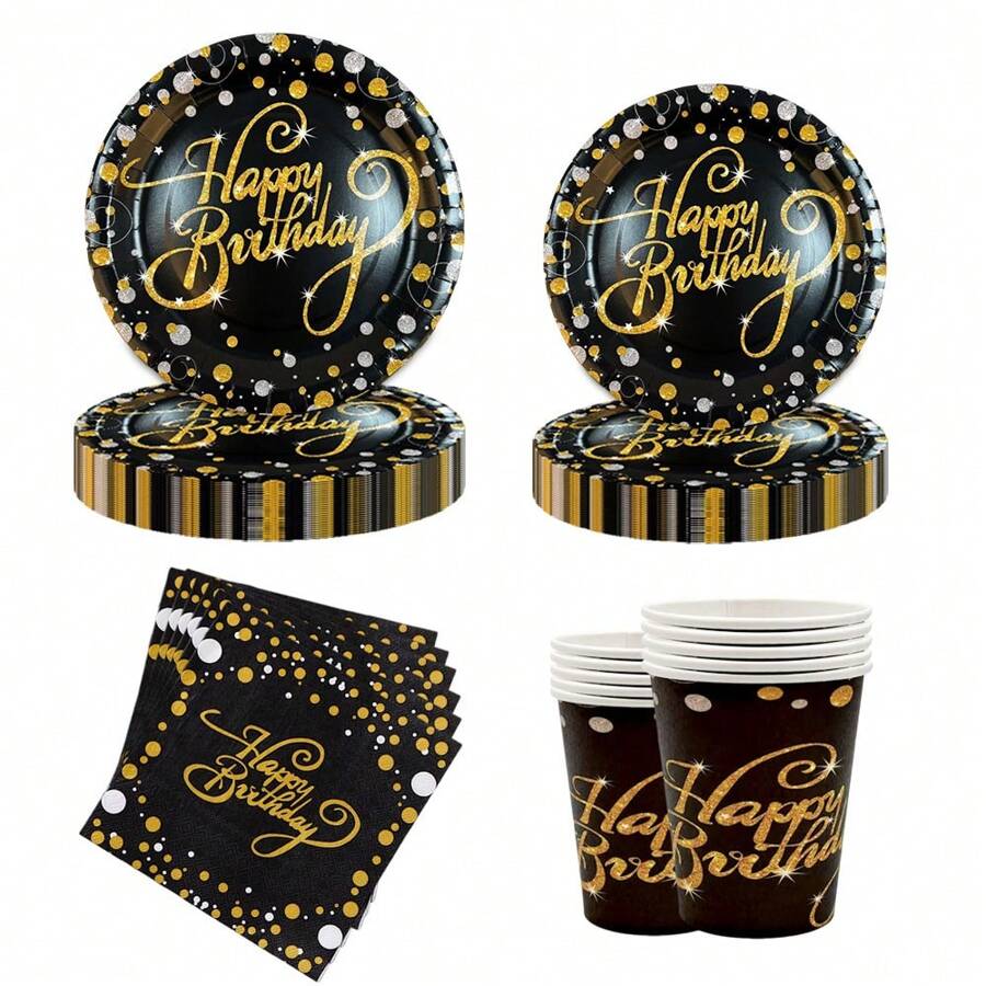 Set de 10 piezas de suministros para fiesta de cumpleaños en negro y dorado, juego de vajilla desechable dorada para fiesta de cumpleaños, platos, vasos, servilletas y mantelería de papel negro y dorado para decoración de fiesta de cumpleaños de hombres y mujeres
