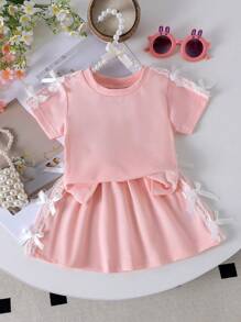 2pcs Baby/Baby Girl Cute Casual Pink Short Sleeve Top + Skirt Outfit Set, Lightweight Summer - Pink - View 1