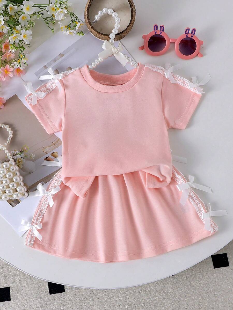 2pcs Baby/Baby Girl Cute Casual Pink Short Sleeve Top + Skirt Outfit Set, Lightweight Summer - Pink - View 1