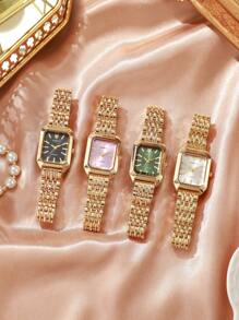 4pcs/Set Women's Fashion Casual Square Roman Numerals Dial Elegant Simplistic Quartz Watch Set, Not Including Watch Box - Gold - View 2