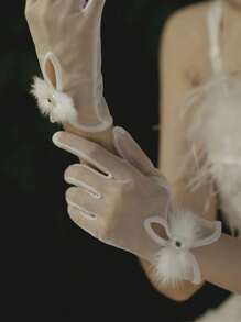 1 Pair Lace Yarn Wedding Dress Gloves, Mesh Cloth, Sewn Beads, Bow Short Style Party Faux Pearl Decor Bridal Gloves, Polyester, Full Finger, Solid Color White Gloves, Decorative Wedding Accessory For Women, Elegant Gauze Wedding Gloves, Exquisite Magnificent Elastic Mesh Bridal Gloves