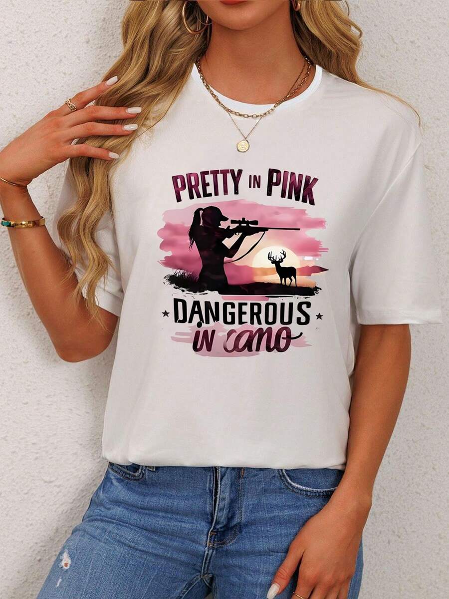 Women's PRETTY IN PINK DANGEROUS In Cano T-Shirt, Women's 220g Round Neck Casual Heavy Pure Cotton T-Shirt (1 PC) - White - View 1