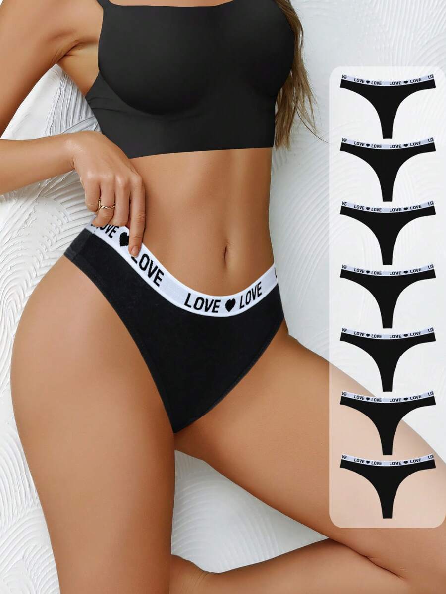 7 Pack Love Heart Letter Print Sexy Knitted Cotton Wide Contrast Waistband Breathable Thong Panties, Daily Sports All Seasons, Black, Soft Women Lingerie - 黑色 - 查看 1