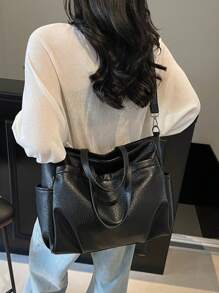 Large Capacity Vintage Simple Solid Color Tote Bag For Daily Commute - Black - View 4