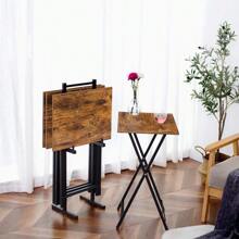 Folding TV Tray Tables Set Of 4 TV Trays With Storage Rack Industrial Side Table For Eating At Couch Foldable Snack Table For Small Space Easy Assembly Rustic Brown And Black BF50BZ01