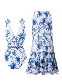 Modischer, sexy Einteiler Bikini mit Rüschenrock Set, europäischer und amerikanischer Bademode, raffende und dezente Passform, geeignet für Sommer, Strand, Urlaub
