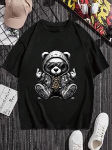 Plus Size Men's Cool Grunge Bear Graphic Print Round Neck Short Sleeve Casual T-Shirt, Y2K Style, Suitable For Everyday Wear - Black - View 2