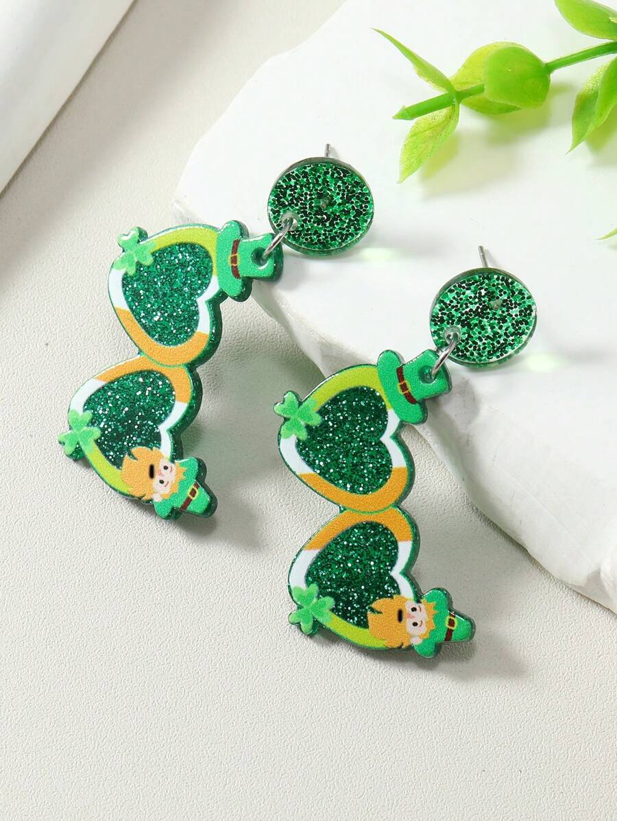 1 对圣帕特里克节亚克力绿色三叶草创意眼形耳钉