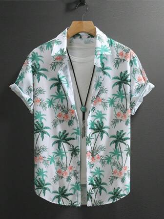 男士几何印花短袖休闲衬衫，春夏