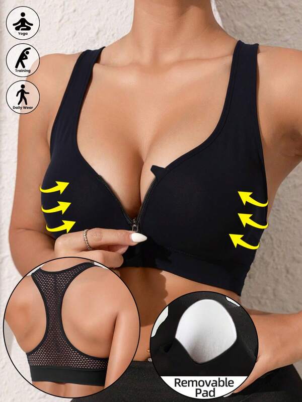 Sports Yoga Bra For Women Cutout Mesh Breathable Workout Bralette Wireless Zip Up Gym Tank Bra Backless Sexy Exercise Training Bra Tops High Support Elastic Workout Tank Top Underwear High Impact Running Quick Dry Mesh Fitness Comfy Active Intimates