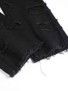 Men's Elastic Patched Cat Whisker Distressed Slim Fit Flared Jeans, Emo Style - Black - View 5