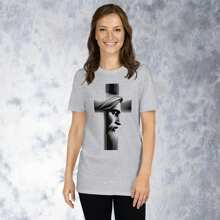 Playera Cristiano "Cruz con Rostro". Playera 100% Algodón, Blanco, Negro y Gris. Manga Corta. Cuello Redondo.