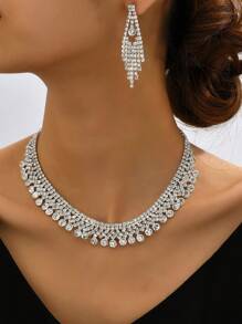 1 Set Including 1 Fully Rhinestone Necklace, 1 Pair Of Fully Rhinestone Tassel Earrings, 1 Hollow Fully Rhinestone Bracelet, Suitable For Evening Dresses And Versatile Accessories - Silver - View 10