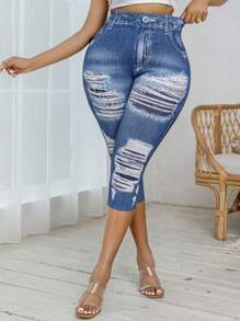 Plus Size Women High Stretch Skinny Leggings With Distressed Denim Effect, Casual Comfortable Capri Pants For Outdoor Activities, Sports & Everyday Wear - Blue - View 4