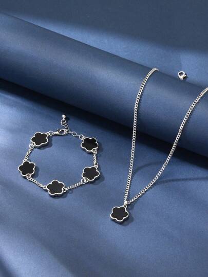 1 Set Men's Business Fashion Design Classic Lucky Clover Pendant Necklace And Bracelet Set