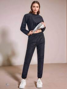 2pcs Women Sauna Suit Set Fitness Exercise Sweat Suit Long Sleeve T-Shirt Crew Neck And Leggings For Comfort And Performance Sweat Sauna Tank Tops Sauna Pants Heat-Trapping Workout Outfit Training And Running Fitness Cycling Yoga Pilate