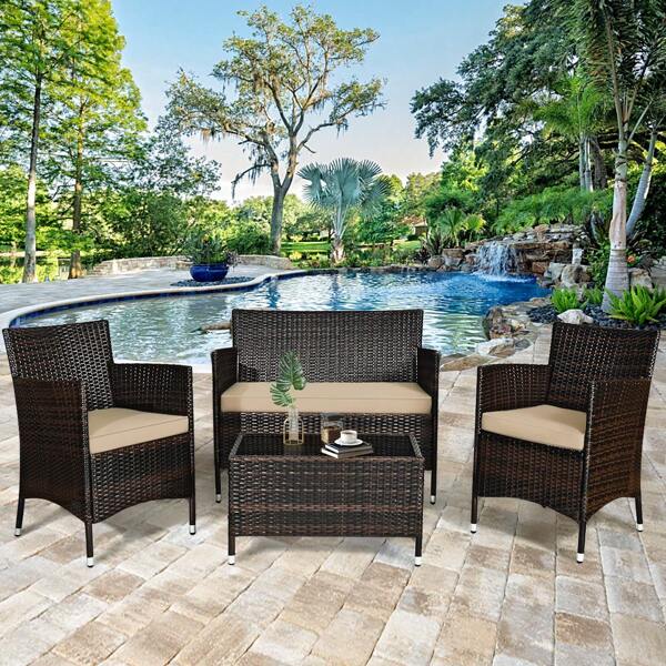 Homasis 4PCS Patio Rattan Conversation Furniture Set Outdoor W/ Cushion