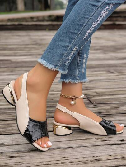2.5cm Chunky Heel Women's Sandals, Open Toe Strap Color Block Comfortable Plus Size, Spring/Summer 2026