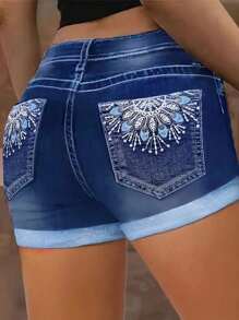Women's Denim Embroidered Shorts, Retro Style, Stretch Fit, Distressed Denim Shorts, Fashionable Summer Wear - Rửa trung bình - Xem 1