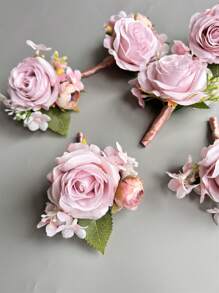 1pc/6pcs Rose Casual Polyester Lapel Pin & Wrist Flower For Groom Men, Party Wedding Decoration, Pink Artificial Flowers Valentine's Day Accessories - 6 Pcs Wrist Flowers - View 10