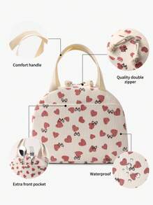 1pc Cute Corduroy Lunch Bag - Heart & Bow Design, Large Capacity, Portable Insulated Thermal Cooler Tote With Double Handle & Dual Zipper, Reusable, Gifts For Teachers, Friends And Family, Lunch Bag Lunchbox Lunch Bag Women School Picnic Bag Camping Cooler Bag Classroom Cool Bag Picnic Bag Bento Woman Lunch Box Bag For Women Ladies School Supplies Stuff Accessories - Red and White - View 4