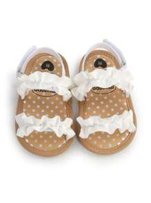 婴儿女童夏季凉鞋带花朵蝴蝶结软底婚纱平底鞋新生儿学步鞋婴儿床正装鞋 - 白色 - 查看 10