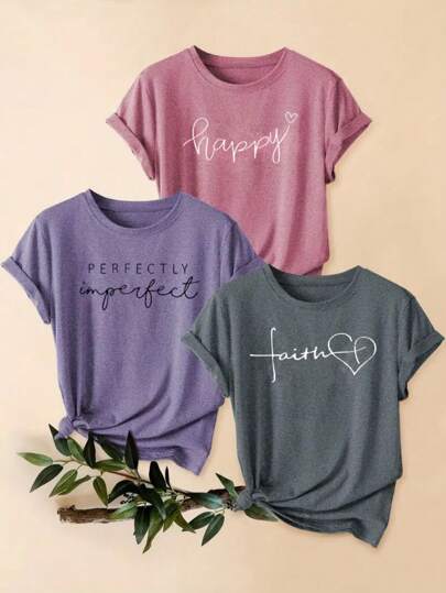 3 Piezas Paquete Mixto Camiseta Estilo Retro con Estampado de Letras, Camiseta Deportiva de Cuello Redondo de Manga Corta Casual para Mujer