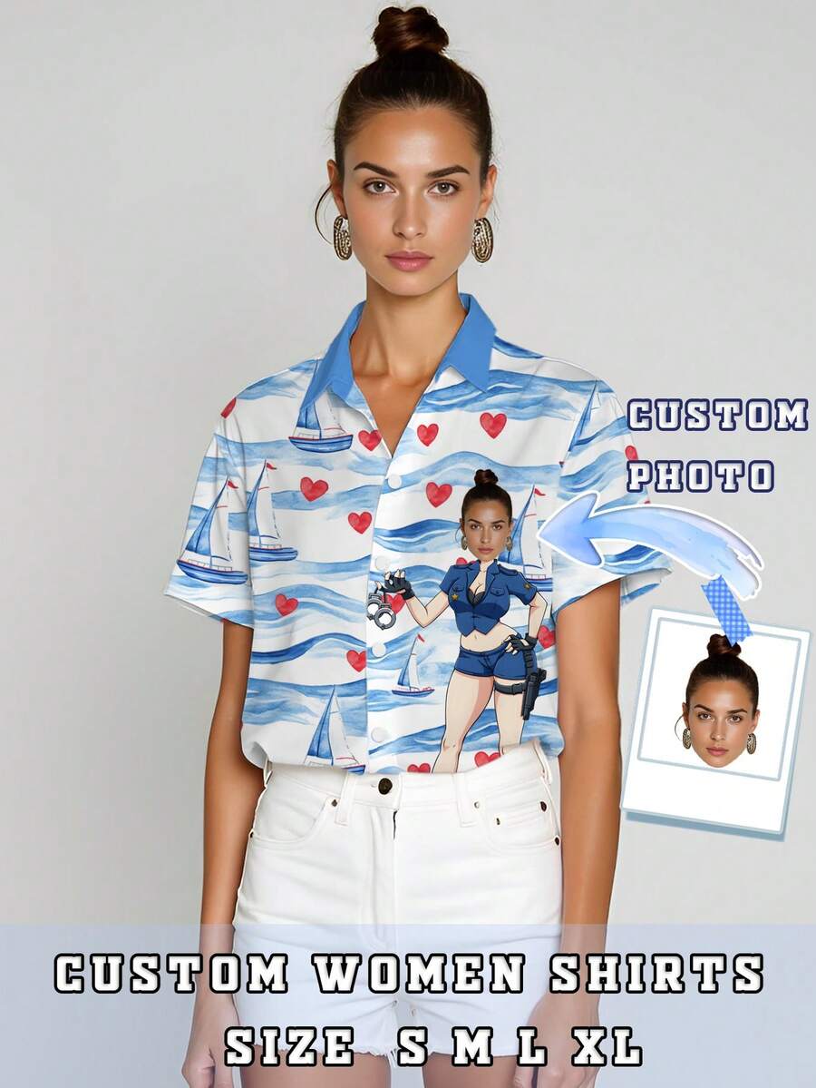 Summer Women Custom Photo Short Sleeve Shirt Fashion Cosplay Personalized Hawaii Shirts 3D Hawaii Beach Sailboat Printing Tees Add Your Photos To Design Custom Fun Blouse Vacation Casual - Blue - View 1