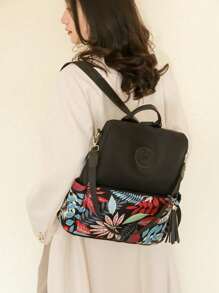 1 Pc Ladies Leaf Pattern Nylon Zip Closed Fashion Backpack For Daily Use In Autumn And Winter - Red - View 2