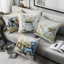 4pcs Vintage Watercolor Daisy Truck Bicycle Pillow Case Set, Single-Sided Soft Peach Velvet Fabric, 40*40/45*45/50*50CM Cushion Cover Suitable For Indoor Decor, Party, Gift - Multicolor - View 9