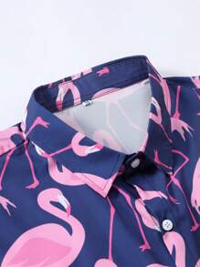 Men's Casual Short Sleeve Flamingo Print Shirt, Summer - Red Violet - View 3