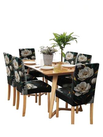 4/6 件简约花卉印花牛奶丝可拆卸可洗弹性椅套，适用于餐厅、酒店、典礼、节日装饰