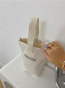 Fashionable Minimalist Women Handbag, Casual Canvas Small Tote Bag, Lightweight Foldable Square Bag, Beige Letter Print Design, Fits Keys, Water Bottle, Phone And Personal Items, Suitable For Outings And Walking Pet - Beige - View 8