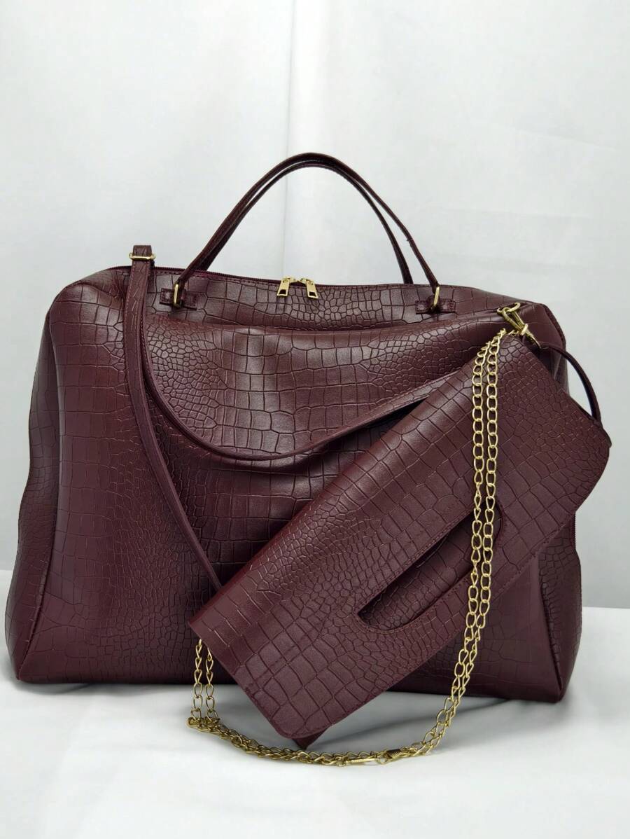 鳄鱼印花女士背包大容量单肩包，时尚组合设计，多功能斜挎包，可装手机和笔记本电脑