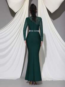 New Sexy Pearl Decor Mesh Patchwork Long Sleeve BodyconLong Bandage Dress, Elegant For Wedding Guest, Party, Birthday, Formal Evening Gown Eid Al Fitr Dress - Dark Green - View 6