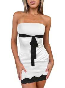 Womens Tube Top Dress Strapless Sleeveless Lace Patchwork Side Split Bodycon Mini Dress - White - View 1