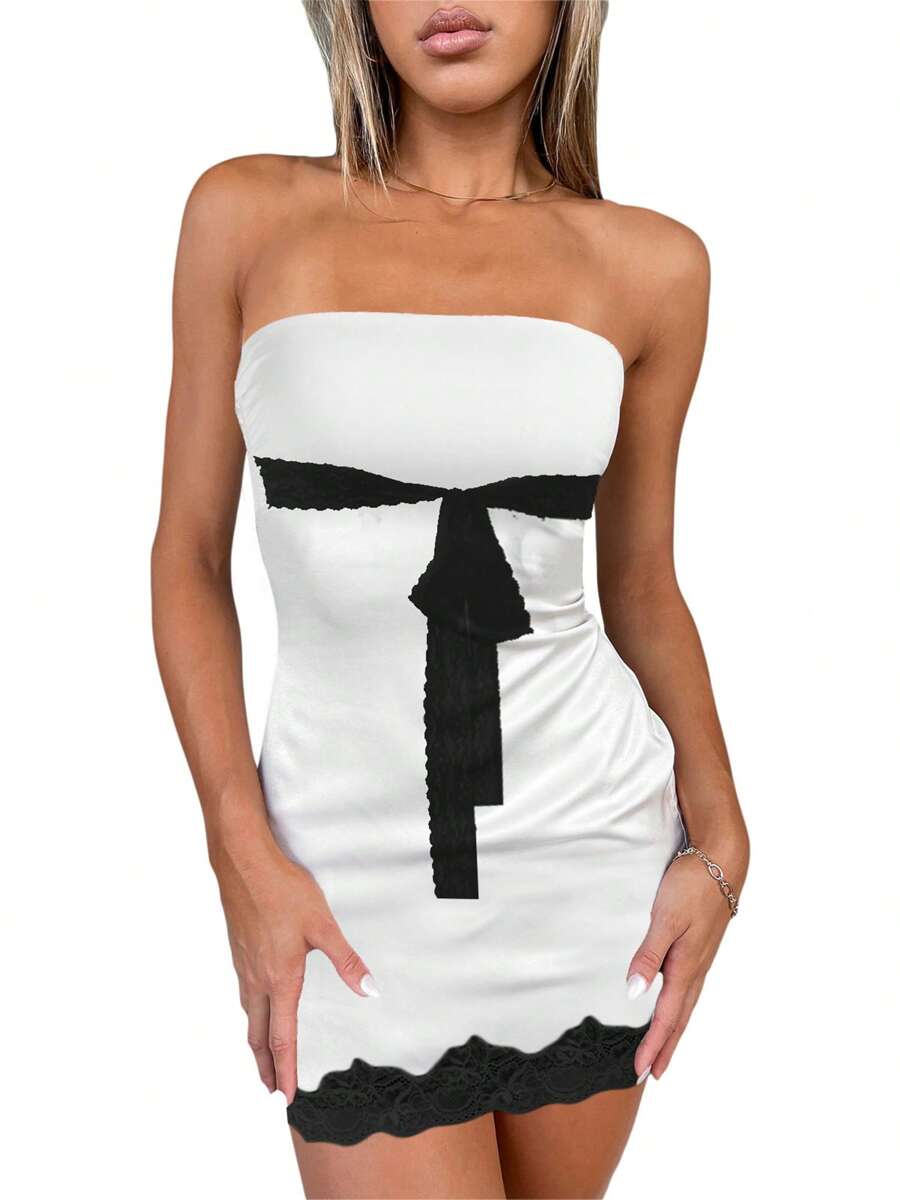 Womens Tube Top Dress Strapless Sleeveless Lace Patchwork Side Split Bodycon Mini Dress - White - View 1