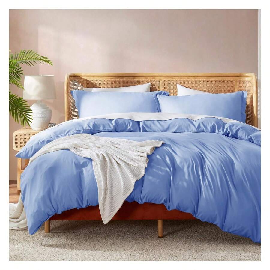 Calm Blue Duvet Cover Queen Size - Soft Double Brushed Queen Duvet Cover Set, 3 Piece, With Button Closure, 1 Duvet Cover 90x90 Inches And 2 Pillow Shams