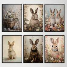1 pieza Cartel de arte de pared Animales botánicos vintage Pascua Conejo Conejito en campo de flores Liebre Póster de cabaña Pintura en lienzo Arte de pared Decoración para el hogar Regalo perfecto para estudio y sala de estar Decoración Canvas sin marco