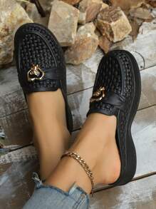 2024 新款春秋时尚休闲鞋，女士圆头坡跟厚底 PU 鞋，适合户外、沙滩派对、返校季 - 黑色 - 查看 4