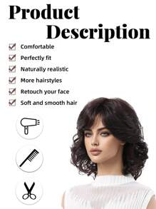 优雅蓬松女士假发深棕色 12 英寸短卷发假发，带刘海，编织合成女士假发，适合日常和节日佩戴 - Dark Brown - 查看 8