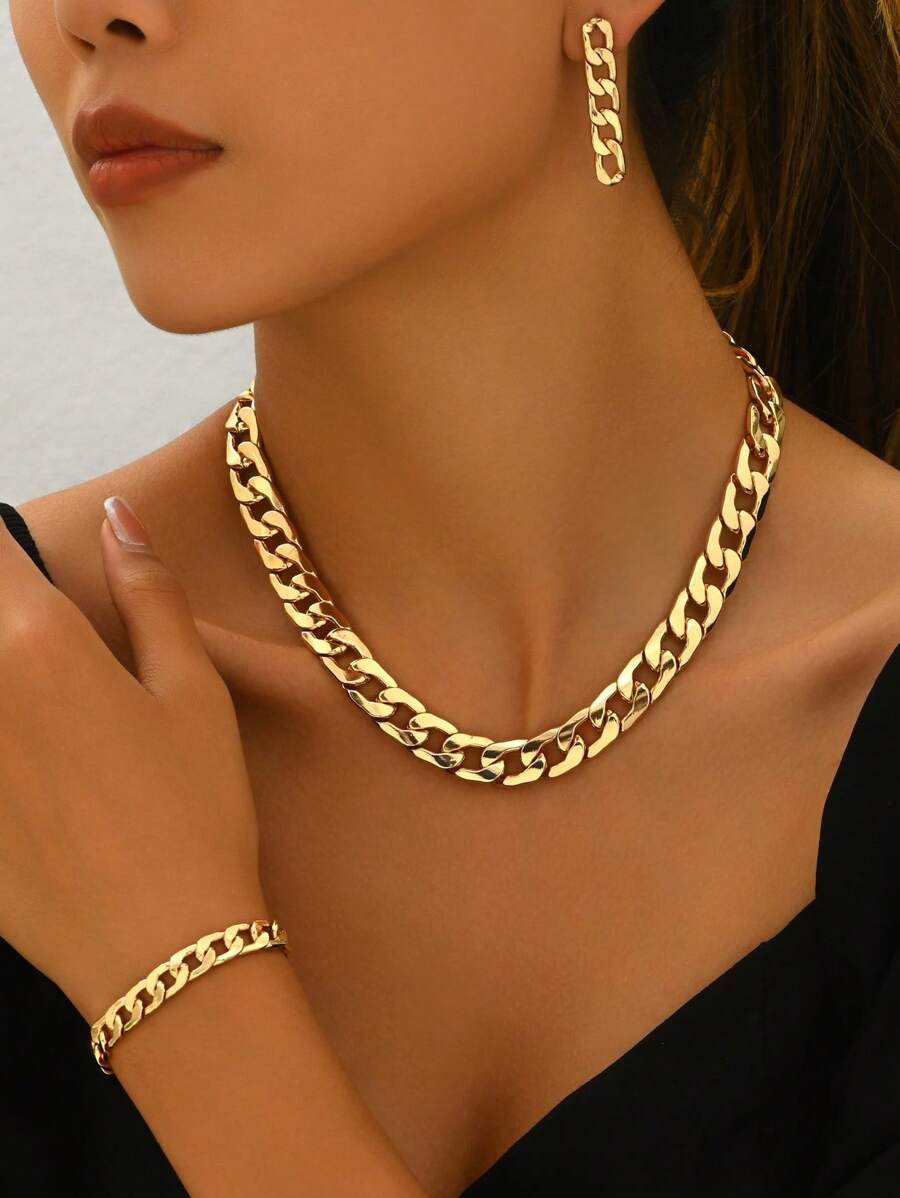 4pcs Simple Cuban Link Chain Necklace + Earrings + Bracelet Jewelry Set For Women, Hip Hop Exaggerate Metal Style, Versatile For Daily Wear, Party & Street - Golden - View 1
