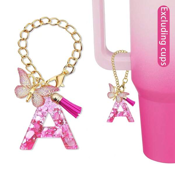 Tazza con manico, accessorio a forma di lettera farfalla charm, portachiavi a lettera iniziale da A a Z, charm carino con farfalla e nappina, forniture per il ritorno a scuola