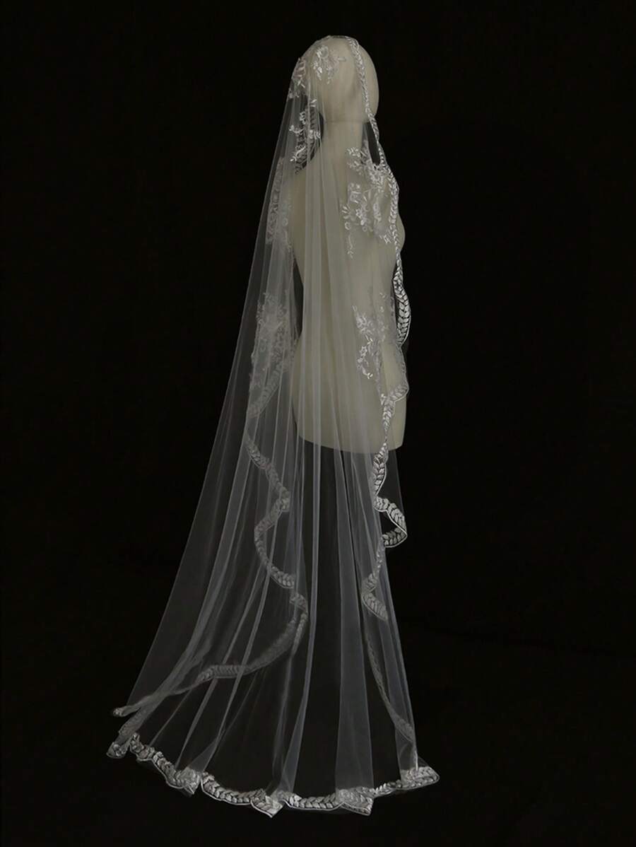 Bride Wedding Veil White Wheat Lace Trim Vintage Long Trailing Bridal Headpiece - White - View 1